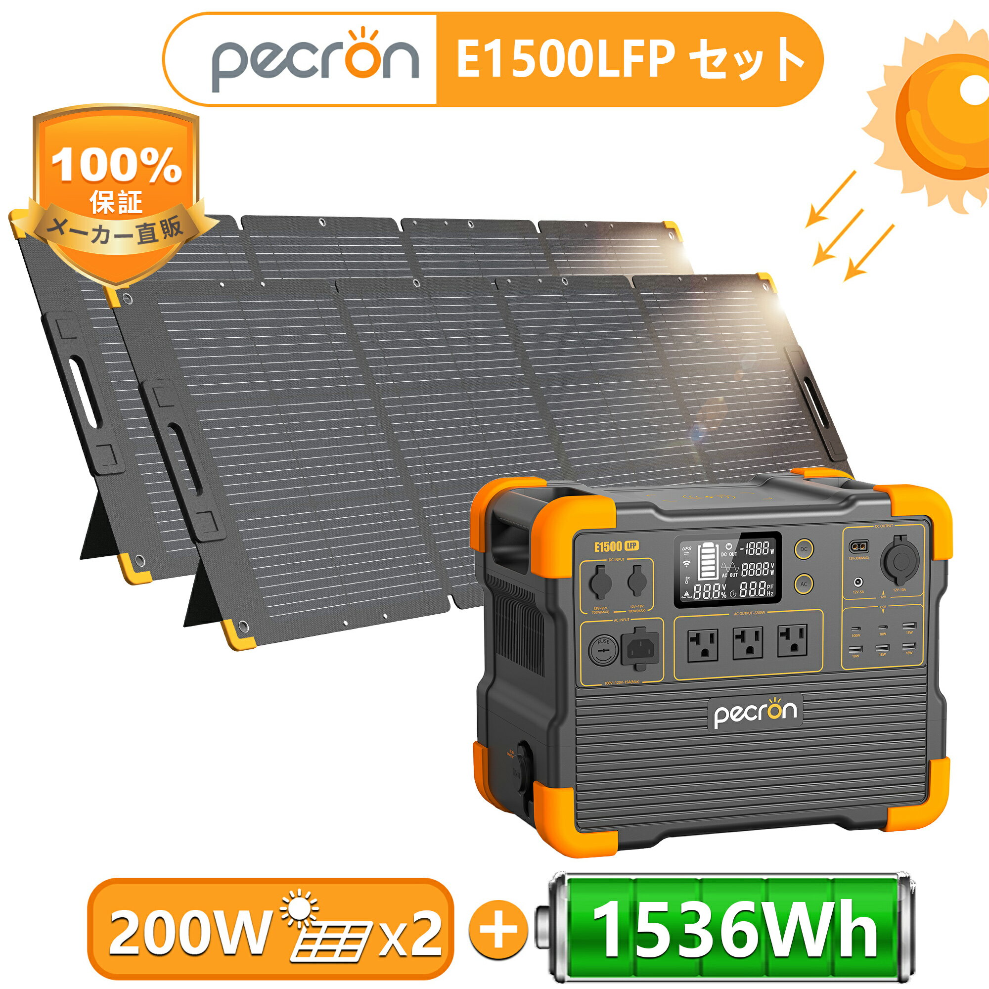 【 限定クーポンで155000円★2倍ポイント】PECRON E1500LFP ポータブル電源 ソーラーパネル セット 二枚 リン酸鉄 1536Wh/2200W 大容量 200Wソーラーパネル ポータブルバッテリー ソーラーパネル付き 太陽光発電セット 蓄電池 アプリ遠隔操作 UPS MPPT ソーラー発電