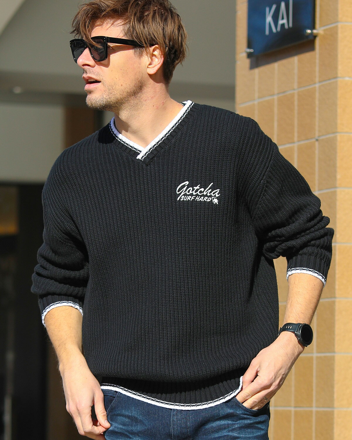 GOTCHA （ガッチャ） ウォッシャブル リブ ライン Vネック 畦編み セーター メンズ レディース 大きいサイズ 長袖 ニット 春ニット サーフ