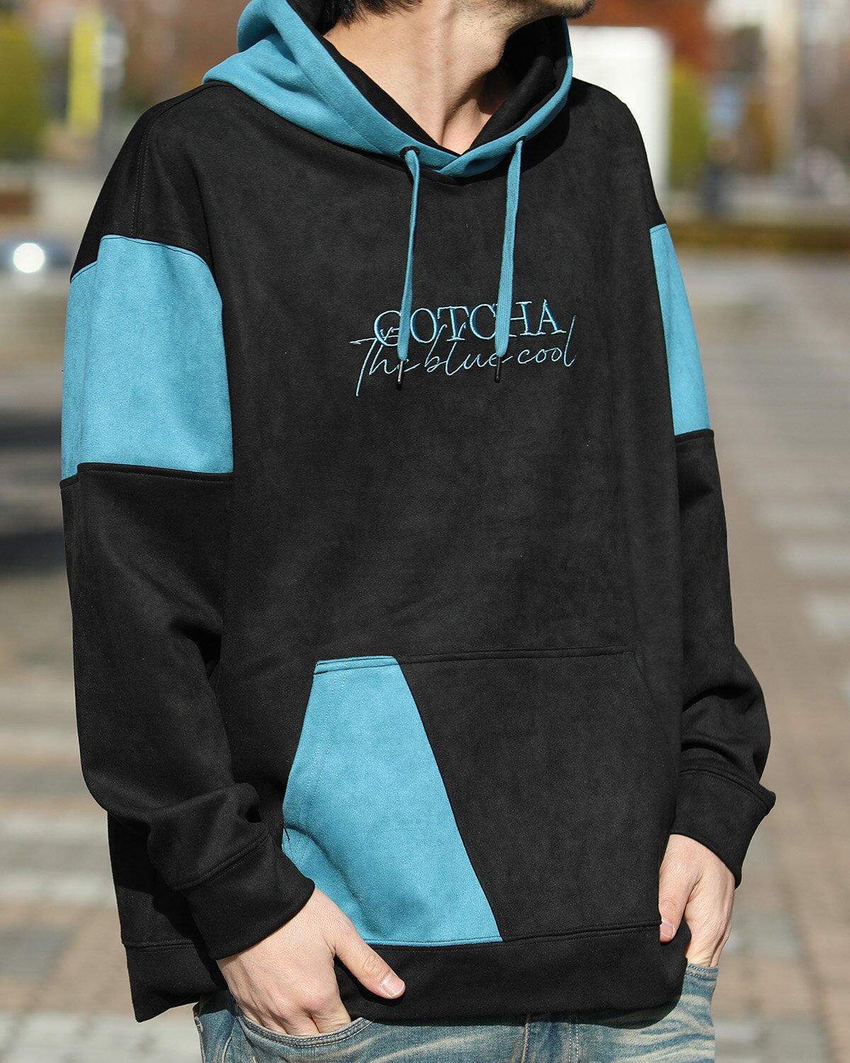 GOTCHA （ガッチャ） ドロップショルダー ポリスウェード カラー ブロック パーカー メンズ レディース 大きいサイズ 長袖 サーフ(4)