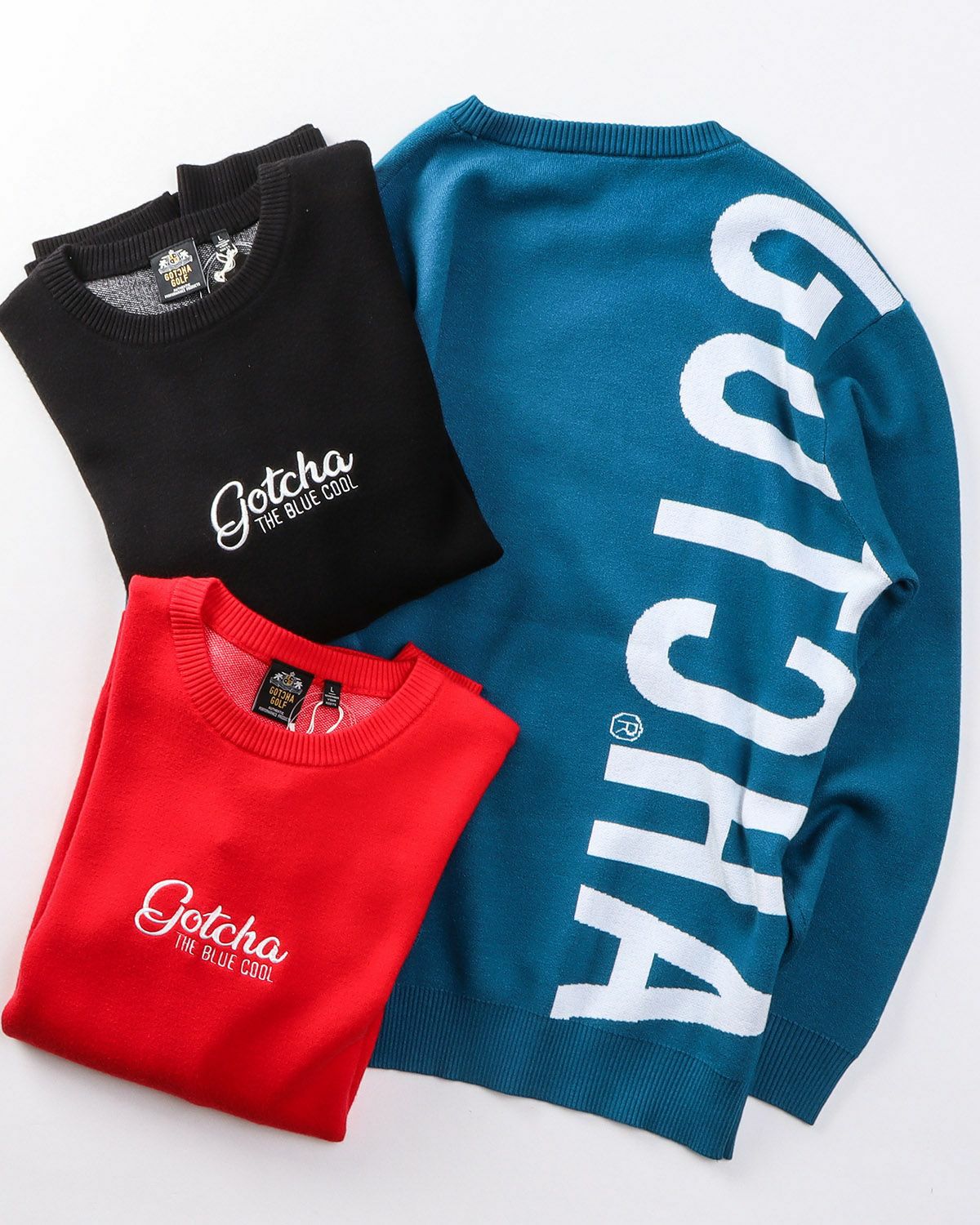 【冬物新作】GOTCHA GOLF （ガッチャゴルフ） 静電気防止 ウォッシャブル もちもち 縦ロゴ クルーニット メンズ レディース 大きいサイズ 長袖 サーフ ゴルフウェア