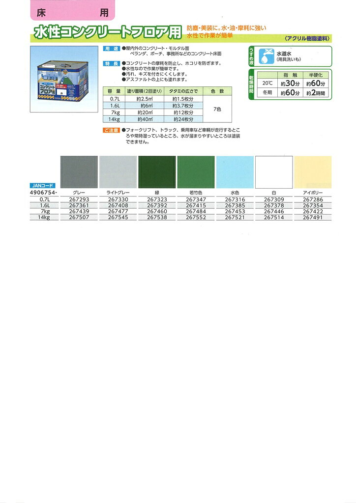 水性コンクリートフロア用　1.6L　各色【サンデーペイント】