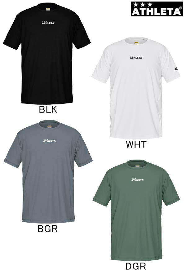 ブランド：ATHLETA【アスレタ】 品番：0110N 品名：ベースレイヤーSSプラシャツ 26s 素材：ナイロン92%/ポリウレタン8% サイズ：S/M/L/O/XO カラー：BLK/WHT/BGR/DGR 接触冷感素材を使用した、 ベースレイヤープラクティスシリーズ トレーニングウェアとして そのままでも使用可能なほか インナーとして着用しても重宝する スリムシルエットのプラクティスアイテム