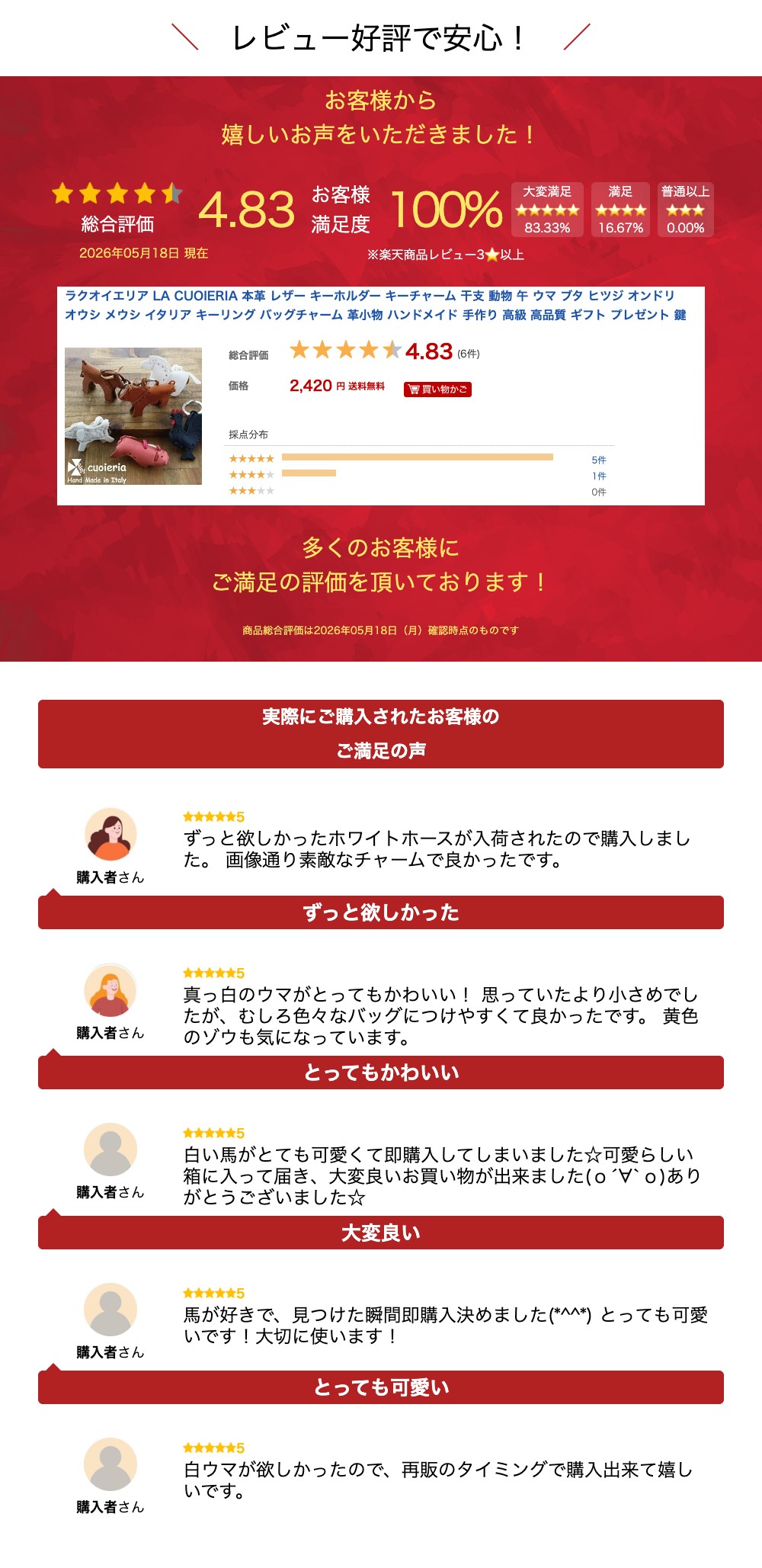 ラクオイエリア LA CUOIERIA 本革 レザー キーホルダー キーチャーム 干支 動物 午...
