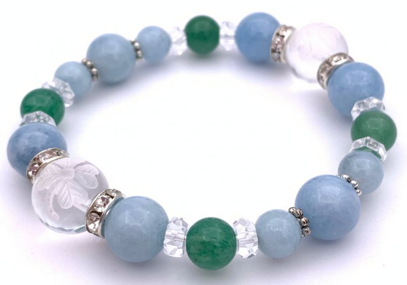 天然石彫り水晶四葉のクローバー&アクアマリン＆アベンチュリンのブレスレット