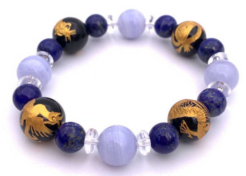 風水四神!天然石金彫りオニキス12mm玉＆ブルーレース&ラピスラズリのブレスレット