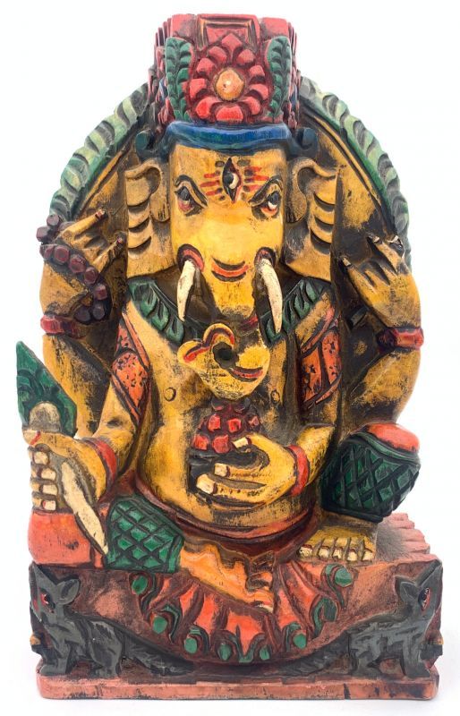 木製手彫りガネーシャ像（歓喜天）富と智恵の神◆インド-L2-