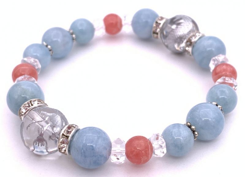 天然石水晶銀彫り青龍12mm玉＆インカローズ&アクアマリンのブレスレット