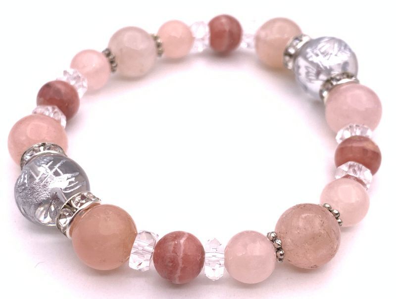 天然石水晶銀彫り青龍12mm玉＆モルガナイト&インカローズのブレスレット