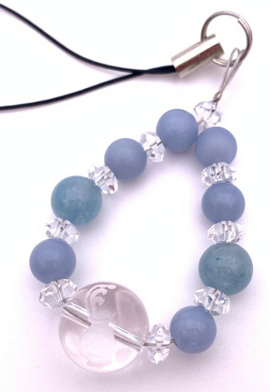 天然石彫り水晶12星座(みずがめ座)&アクアマリン&エンジェライトのストラップ