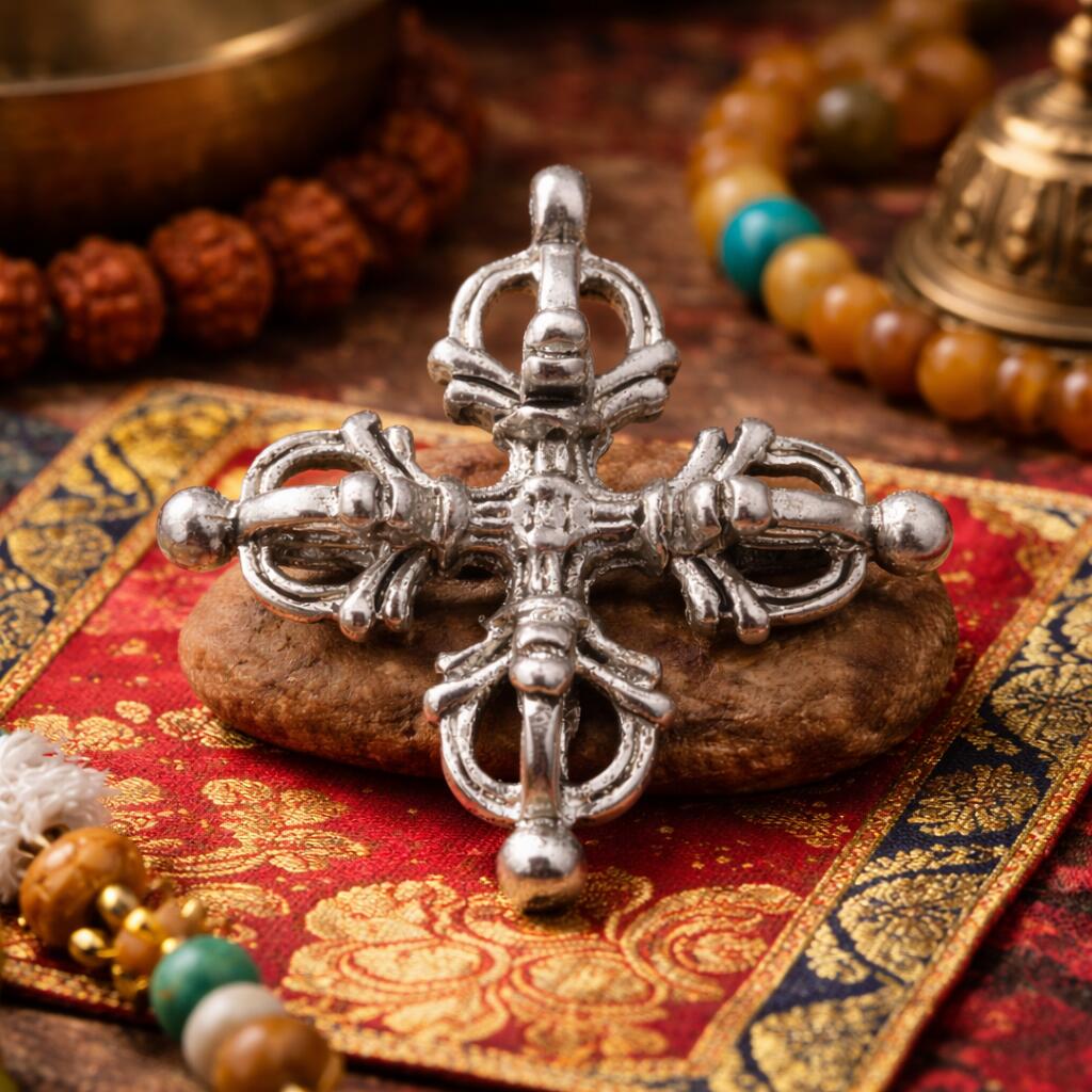 豆法具 ◆ 羯磨 - ダブル ドルジェ （シルバー）◆ チベット 密教 五鈷杵 厄除け お守り 護符
