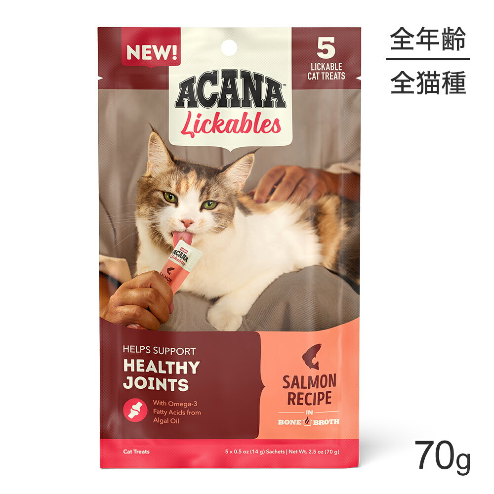 商品の特徴ACANAリッカブルは、猫とのコミュニケーションを楽しめる、舐めて与えるペーストタイプのおやつです。 なめらかな食感と高い嗜好性で、愛猫が喜ぶ特別なひとときを演出します。ACANAリッカブル サーモンレシピ キャットトリーツは、断続的または補助的な給与のみを目的としています。原材料魚骨スープ, サーモン, サツマイモ, タピオカスターチ, グァーガム, 海洋微細藻類油 (ミックストコフェロールで保存), ホウレン草保証成分粗たんぱく質7.0％以上 粗脂肪1.0％以上 粗繊維1.0％以下 水分90.0％以下エネルギー689kcal/kg原産国タイ---------------------リニューアルについてメーカーからのリニューアルにより、予告なく仕様(パッケージ・原材料・生産国等)が変更される場合があります。タイミングによっては商品情報・タグ・カテゴリー等の変更にタイムラグが生じる場合がございますため、アレルギーや体調に敏感なワンちゃん・猫ちゃんは必ずお手元に届きました商品の原材料をご確認の上でご利用ください。また、在庫切り替えのタイミングによっては新旧商品が混在する場合がございます。ご了承ください。転売による注文のキャンセルについて当社が転売にあたると判断した場合（直送転売を含む）は、ご注文のキャンセル及び今後一切のご注文をお断りさせて頂く場合がございます。大量注文・個数制限品の複数注文等のキャンセルについて購入制限を設けている商品の複数回注文、同一商品の大量注文につきましては転売や事故等の防止の為、キャンセル処理とさせていただきます。同一のお客様による大量注文が複数あり、当社が禁止事項にあたると判断した場合は今後一切のご注文をお断りさせて頂く場合がございます。---------------------