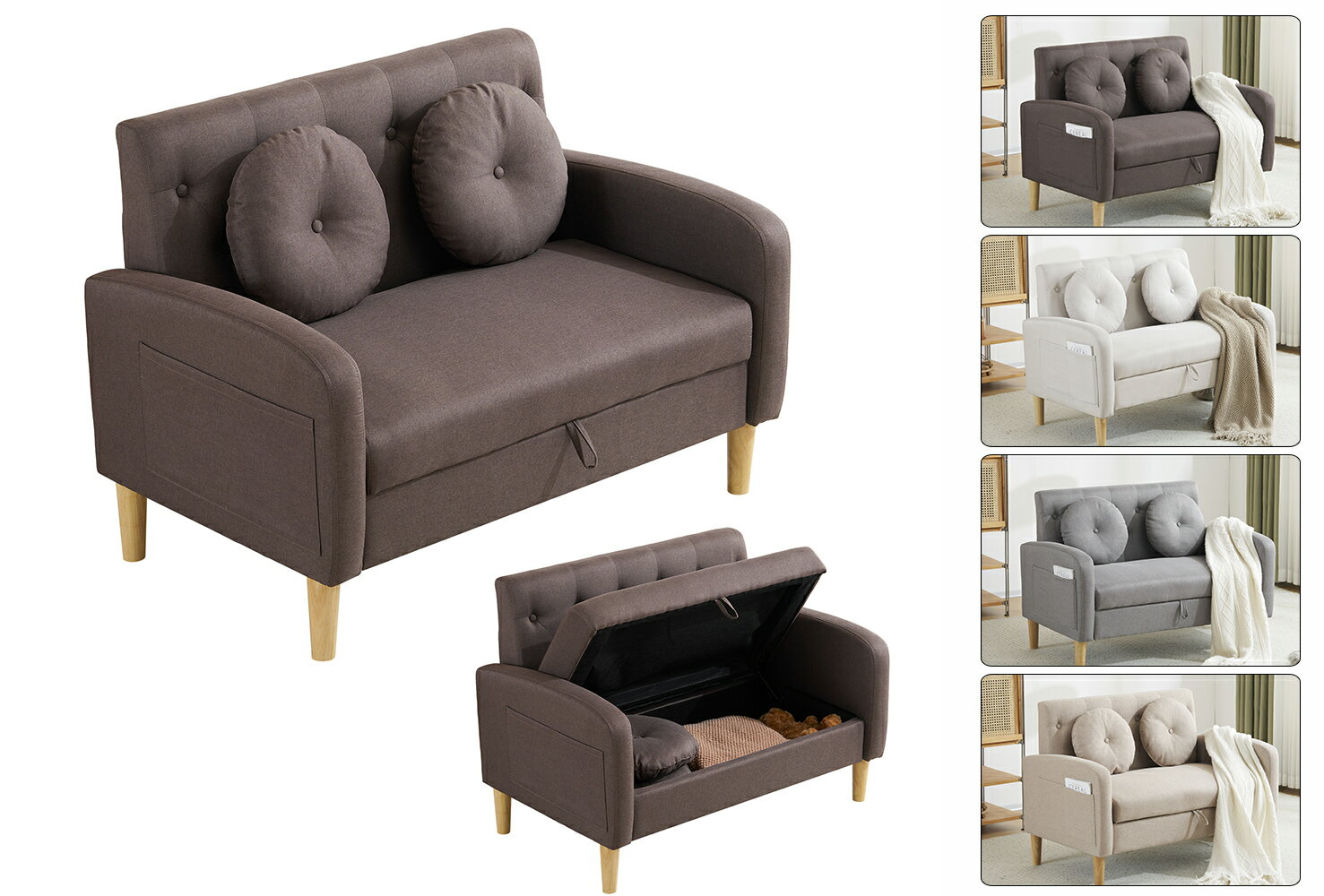 ソファ 2人掛け 収納機能 クッション2個付き ブラウン/ホワイト/グレー/カーキ(3)