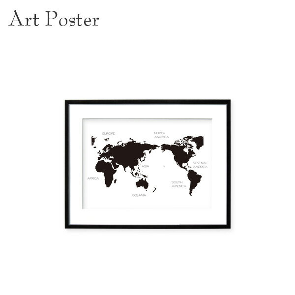 ポスター 世界地図 おしゃれ インテリア 額付き アートパネル 黒フレーム 壁掛け 白黒 壁面 飾り物