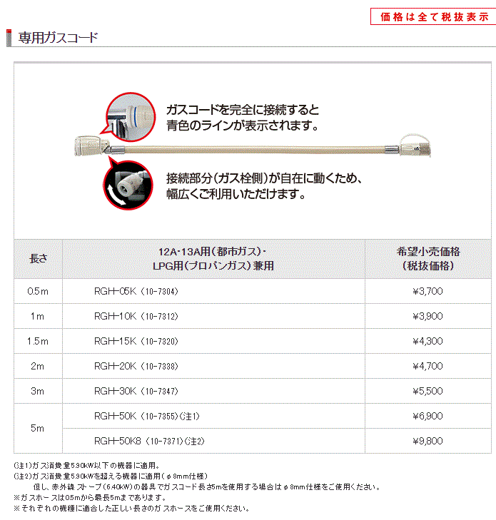 【リンナイ】ガスファンヒーター用ホース　3m　RGH-30K（10-7347）　12A・13A用（都市ガス）・LPG用（プロパンガス）兼用