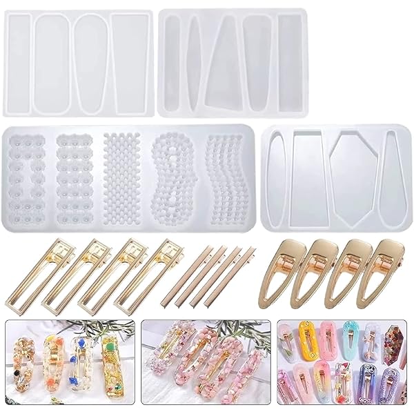 ヘアピン シリコンモールド レジン ヘアクリップ モールド uv レジン セット レジン かた 型 半透明 オリジナルギフト 4セット 金具クリップ12個付き(3)