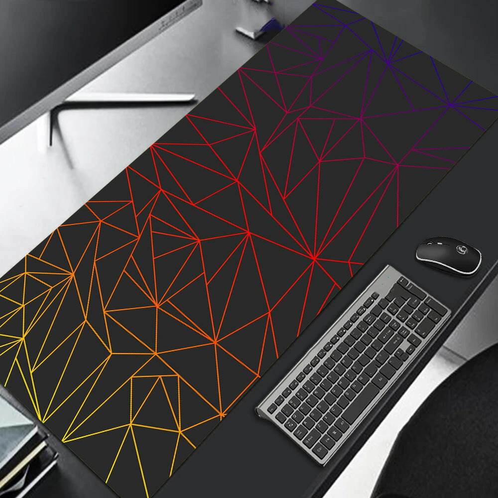 大型滑り止めゲーミングマウスパッド、赤と青のグラデーションデザイン、ゴム縫いエッジ、ゲーマー用デスクマット、オフィスワーク、90x40