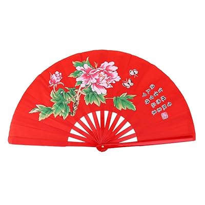 中華風 太極扇子 中国扇子 漢字 竹製 折りたたみ式 武術 太極拳 踊り 表演 カンフー 収納袋付き 3色選べる (赤)