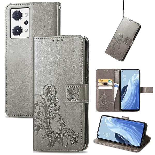 ケース 手帳型 OPPO Reno9 A/OPPO Reno7 A レザー四つ葉のクローバーグレー バンプパターン テクス