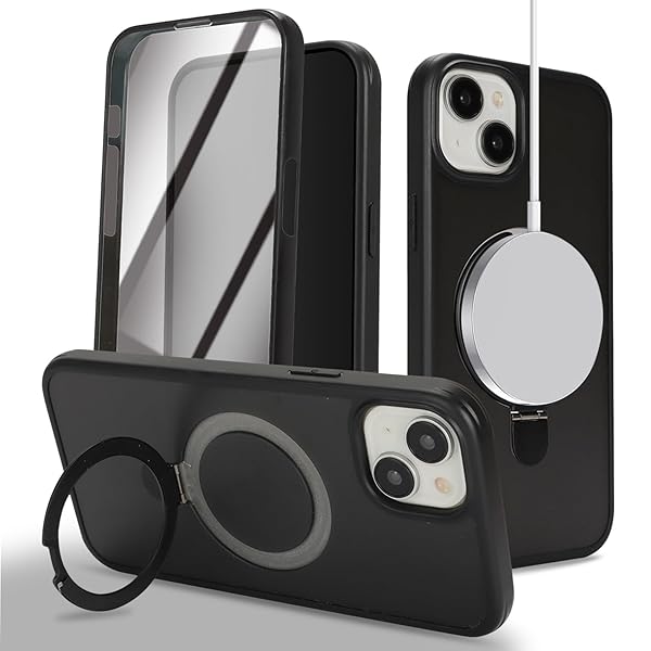 iPhone 15ケMagsafe対応 スタンドクリア 両面強化ガラスで全面保護 米軍耐衝撃 半透明 リング付