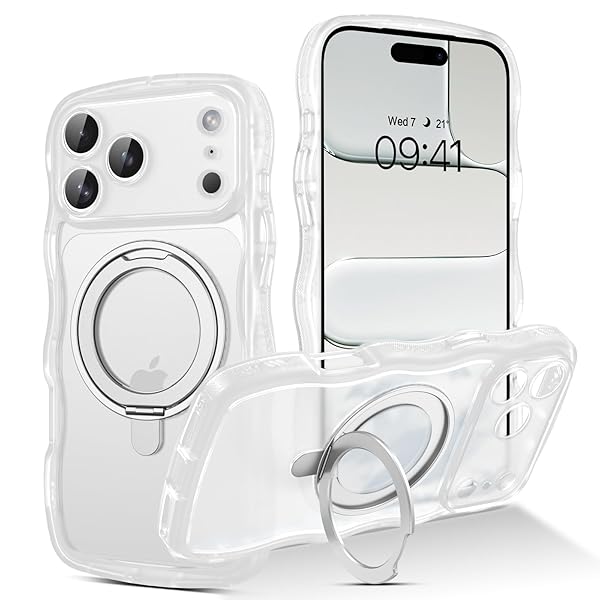 iPhone 17Pro ケース クリア ウェーブ いPhone 17プロMagsafe対応ケース ワイヤレス充電 回転スタン