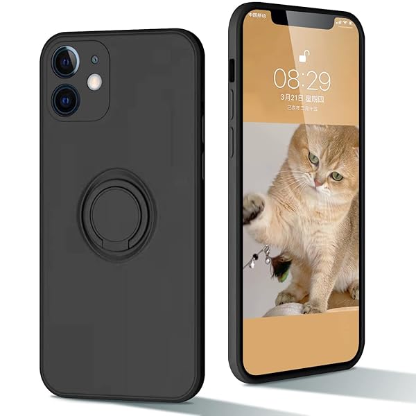 iPhone 12 mini ケース リング付き 回転 シリコン アイフォン12mini シリコンケース レンズの全面保護 リング付ケース 耐衝撃 超軽量 指紋防止 全面保護 iPhone12mini ソフト カバー (ブラック)