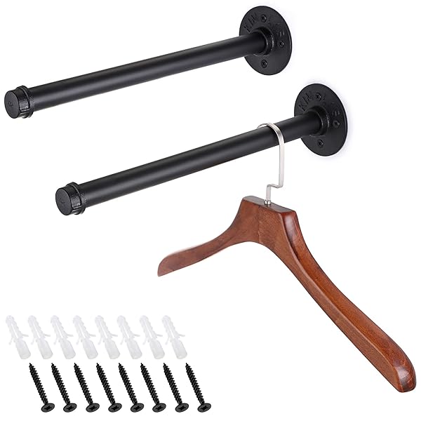 パイプ型 ウォールハンガー 壁掛けラック 衣類ハンガーラック 服掛けラック タオル掛け 壁 ネジ 焼付け塗装 錆びにくい アンティーク調 寝室 浴室 玄関 ベランダ 物干し ブラック 35cm(2本セット)
