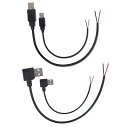 USB 2.0 裸線オープンエンドケーブル 4本 12インチ 30cm 5V 2.1A 22AWG 2コア 電源ピグテール修理 テールケーブルコード DIY ブラック 1フィート 2パックストレートオスプラグ&2パックL直角オスプラグ付属