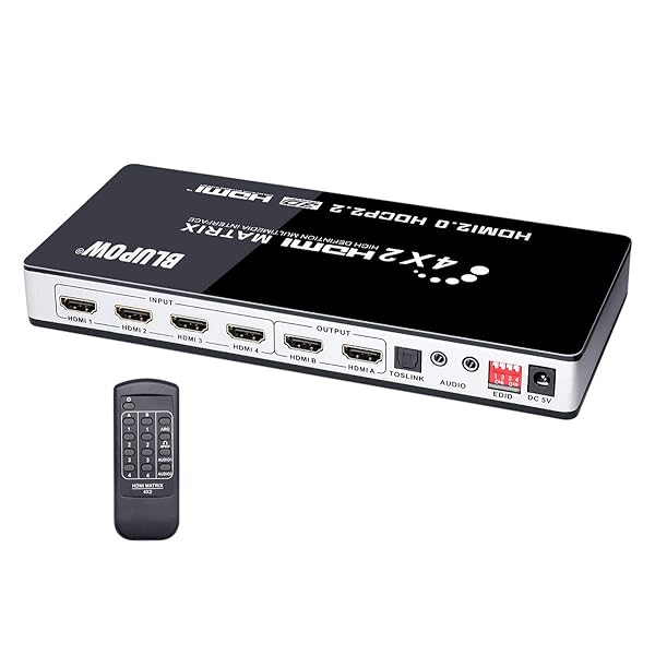 HDMIマトリックス切替分配器 セレクター 4入力2出力+音声分離「光デジタル・3.5mmステレオ音声分離付き」1080P120Hz・4K60Hz・hdmi2.0・hdcp2.2・HDR・ARC対応 異なる解像度出力可能・ダウンスケール機能・手動切り
