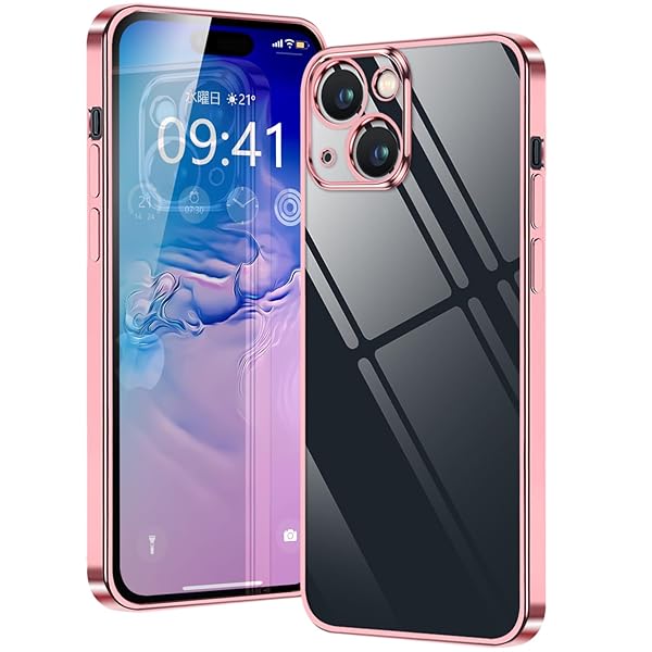 iphone 15 用 ケース クリア アイフォン15 カバー 透明 耐衝撃 TPU 薄型 軽量 メッキ加工 人気 ソフトケース 一体型 レンズ 保護カバー(6.1インチ,ローズゴールド)