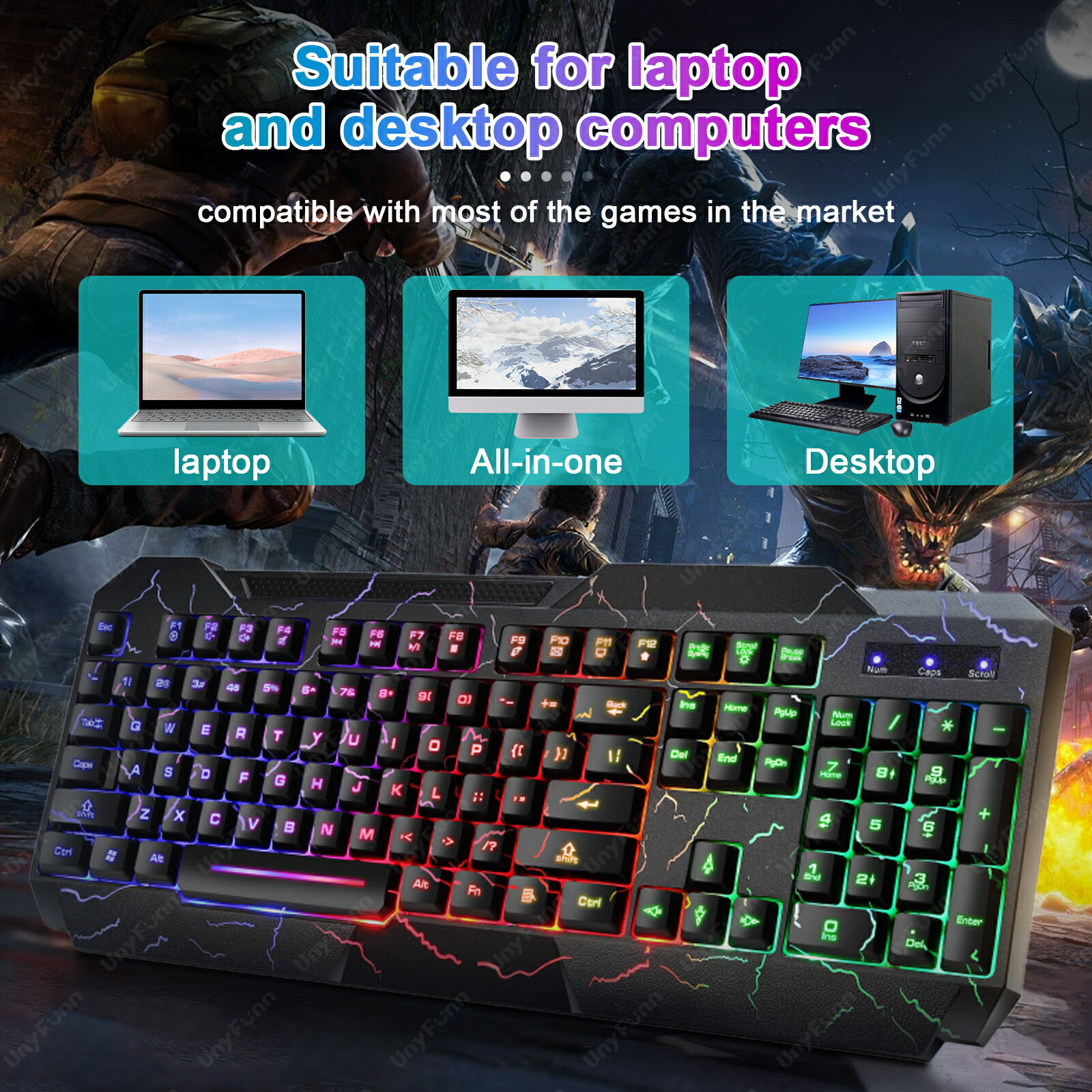 【海外発送】人間工学に基づいたゲーミングキーボード&マウスセット、クラックレインボーグローバックライト付きゲーミング周辺機器膜感触発光キーボードマウス