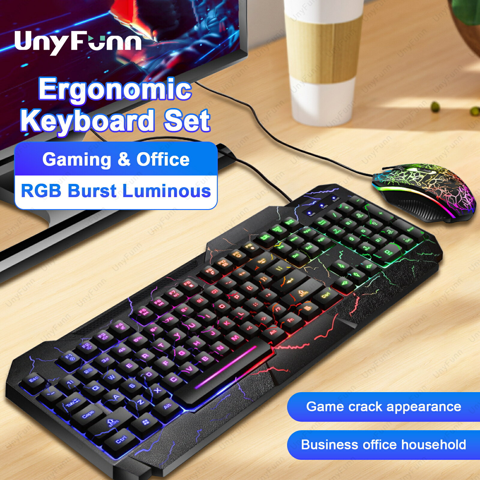 【海外発送】人間工学に基づいたゲーミングキーボード&マウスセット、クラックレインボーグローバックライト付きゲーミング周辺機器膜感触発光キーボードマウス