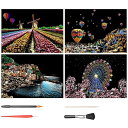 スクラッチアート 4枚入 スクラッチ極細ペン付き 21*29cm A4サイズ スクラッチペーパー レインボー絵 夜景 花火 観覧車 花畑 彫刻アート DIY 削るだけで美しいアート 部屋飾り (ヨーロッパ風景)