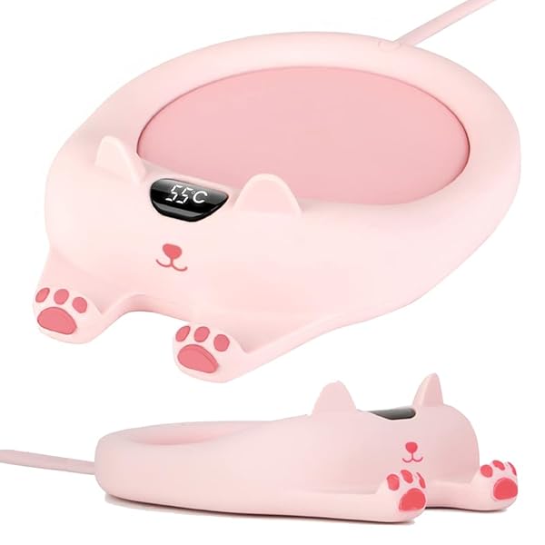 猫/犬模様 コーヒーカップウォーマー 保温コスター オフィスウォーマー スマホのスタンド機能付き カップウォーマー 3段階温度調節 自動電源OFF可能 ドリングウォーマー 静音 保温 マグカップウォーマー 卓上用品 4色選択可能 (ピンク)