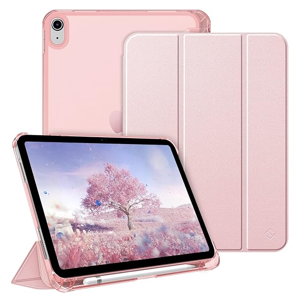 iPad 第11世代 (A16、2025) / 第10世代 (2022) ケース 11/10.9インチ 半透明バックカバー Pencil 収納可能 三つ折スタンド スリープ機能 軽量 薄型 傷つけ防止 PU合成レザー（ローズゴールド）