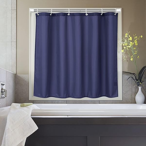 シャワーカーテン 小窓 目隠し 防水 短め 防カビ ユニットバス 浴室窓 お風呂窓 80cm丈 カフェカーテン 140cm幅 間仕切り リング付き 洗濯可 取付簡単 ネイビー