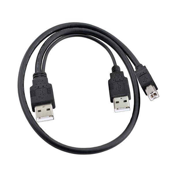 デュアルUSB 2.0オス→標準BオスYケーブル プリンタスキャナー外付けハードディスクドライブ用5V電源対応