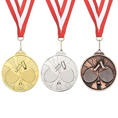 PATIKIL 65 mm ピンポンメダル 3個 卓球賞メダルセット 金銀銅メダル リボン付き レッド ホワイト ゲーム スポーツ競技用
