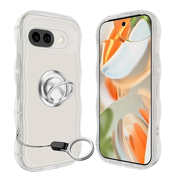 Google Pixel 9A ケース クリア ウェーブ リング付き グーグル TPU波状のバンパー 透明 可愛い 韓国 女性用 薄型 人気 おしゃれ 耐衝撃 ストラップホール付き