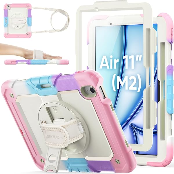 2025年/2024年 11インチiPad Air(M3/M2)耐衝撃ケース 保護フィルム付き ペン収納 360°回転スタンド ハンドストラップ ショルダーストラップ 全面保護カバー iPad Air 11 2025/2024専用型(色とりどり+ピン