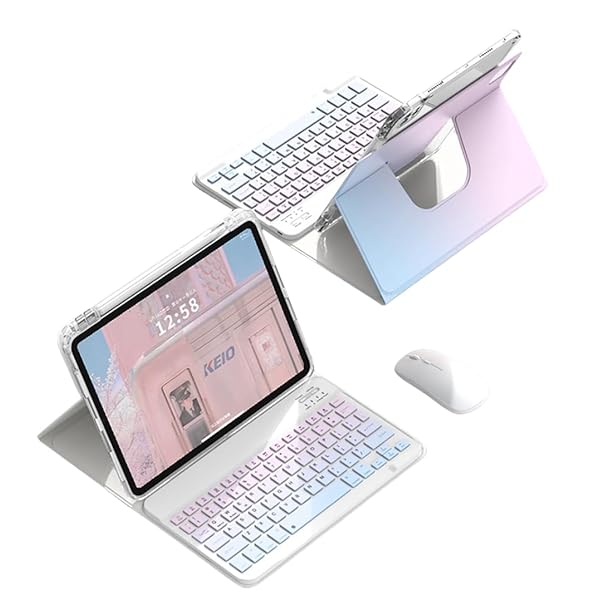 360度回転 iPad 10.2キーボード ケース マウス付き グラデーションカラーキーボード iPad 第9世代 8世代 7世代 10.2インチケース キーボード付きマグネット分離式 透明 クリア 背面カバー 縦置き 横置きスタンド ペン収納 (ピ