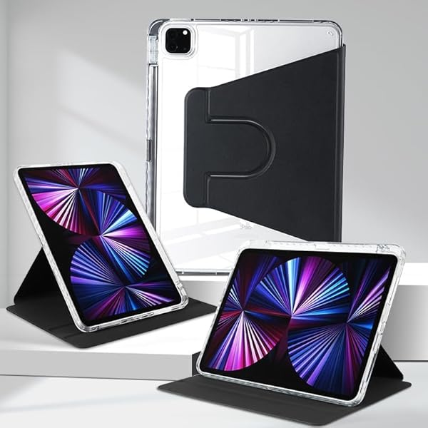 iPad Air 13インチ (M2) ケース (2024) iPad Pro 12.9 ケース(2021/2020/2018)専用 透明 縦置き 横置き 360°回転スタンド オートスリープ/ウェイク機能対応 ペン収納 薄型 軽量 傷防止 耐衝撃