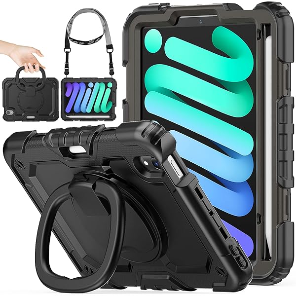 iPad mini A17 Pro/mini6 リングハンドル耐衝撃ケース iPad mini第7/6世代8.3インチ（2024/2021）専用 ペン収納 ショルダーストラップ 保護フィルム付きフレーム（ブラック）
