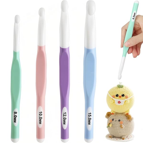 かぎ針 10号 ジャンボかぎ針 4個セット 8mm 10mm 12mm 15mm 人間工学設計 TPRグリップ ABSフックヘッド 滑らか編み 快適グリップ 軽...