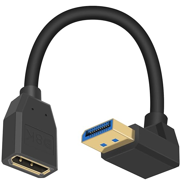 DisplayPort延長ケーブル, DP 1.4 対応 8K @ 60Hz DisplayPort-DisplayPort延長ケーブル、短いDisplayPort延長ケーブル、90 度 L字型 DP-DP 8K延長ケーブル、下向きDP1.4オス-メ