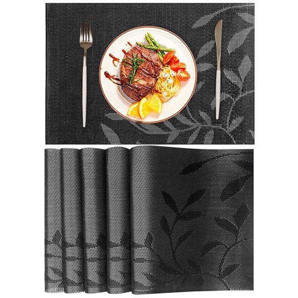 黒葉模様 のパターンランチョンマット、北欧スタイル、ミニマリスト、織り、耐油性、滑り止めの絶縁、洗え