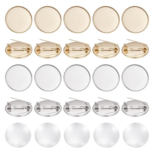 20セット 20mm フラットラウンドブローチピン ガラスカボション付き ステンレススチールブロ