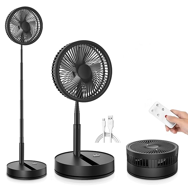 ポータブル折りたたみ式充電式首振り扇風機 黒、7200mAhバッテリー駆動USB、約4時間でフル充
