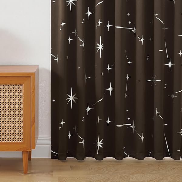 カーテン 遮光 断熱 星柄 箔プリント 遮光カーテン 110cm丈 2枚組 コーヒー フック付き 寝室用
