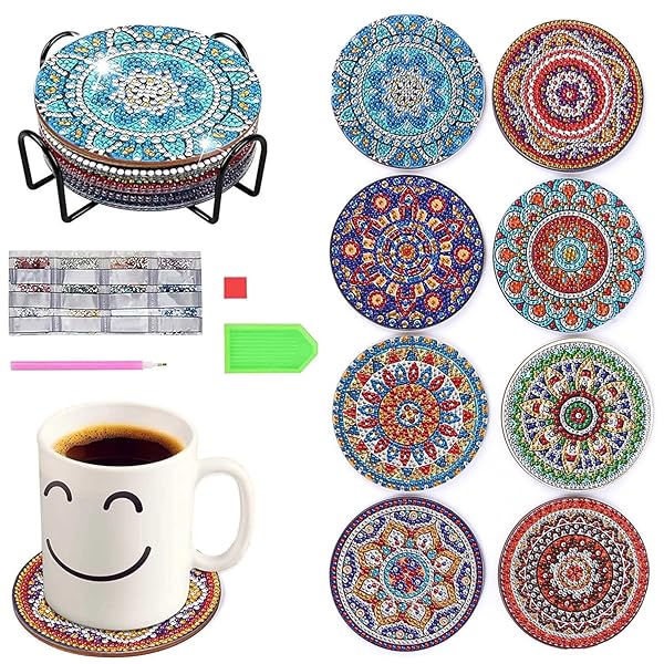 8個 ダイヤモンドペインティングコースターキット, 5Dダイヤモンド塗装キットホルダー付きDI