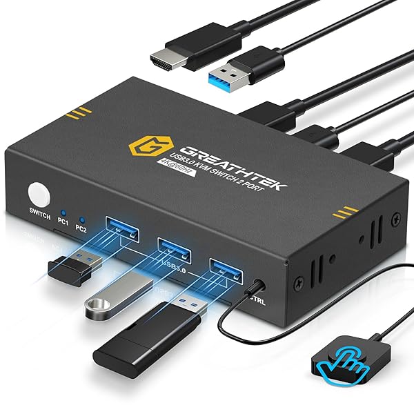 「2024版」 USB3.0 KVMスイッチ、2台のPCを1台のモニターに接続、4K@60Hz解像度、HDMI KVM切替器 2入力1出力、ボタン&有線リモコン切り替え対応、仕事/会議/娯楽に最適